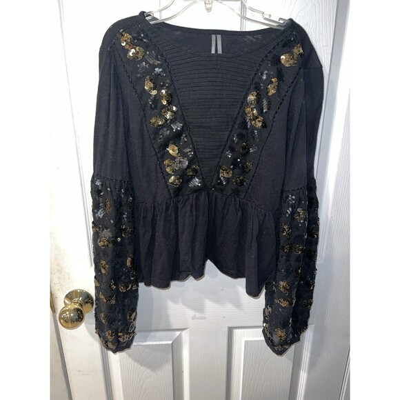 Anthropologie Neale Top Size M Sequined Embroidered Ballon Sleeves Black Peplum - Picture 8 of 8